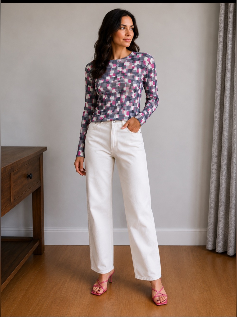 Sweet Pea by Staci Frati Sheer Mesh Gray and Pink Geometric Long Sleeve